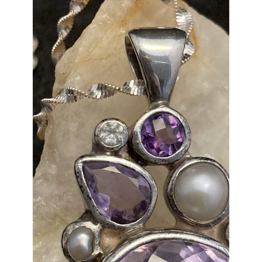 Vintage‎ STARBORN Amethyst Pearl Pendant Sterling Silver 16'' Necklace Abstract